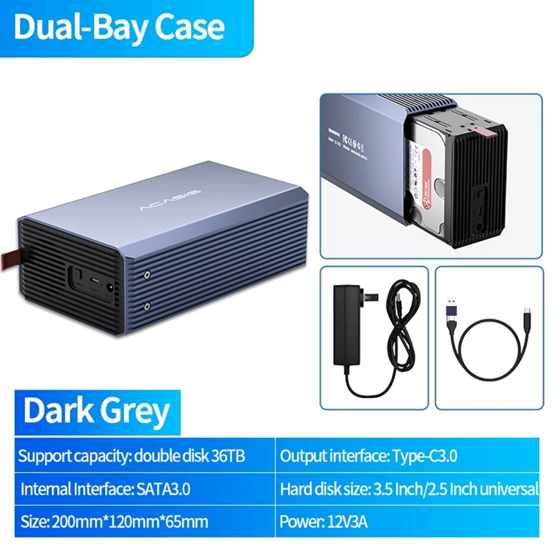 ACASIS EC-7352 Dual Bay Hard Drive Enclosure USB 3.0 External RAID Enclosure for 2.5 / 3.5 Inch SATA HDD SSD Up to 48TB - AU Plug