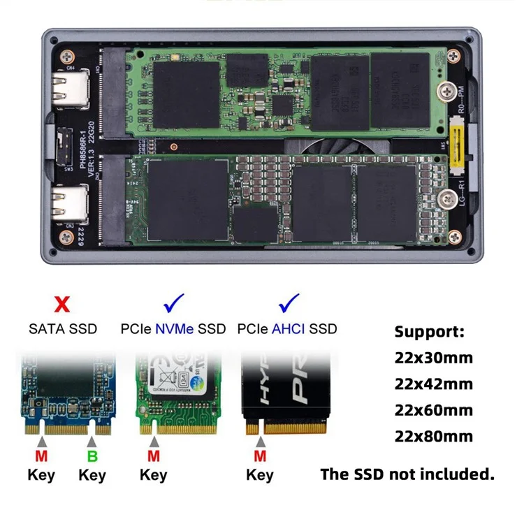 UC-031 Dual NVME M.2 NGFF M-Key a USB-C Type-C Raid0 Raid1 JOBD Big Enclosure 20Gbps con Ventilador Raid0 Hyper Adapter