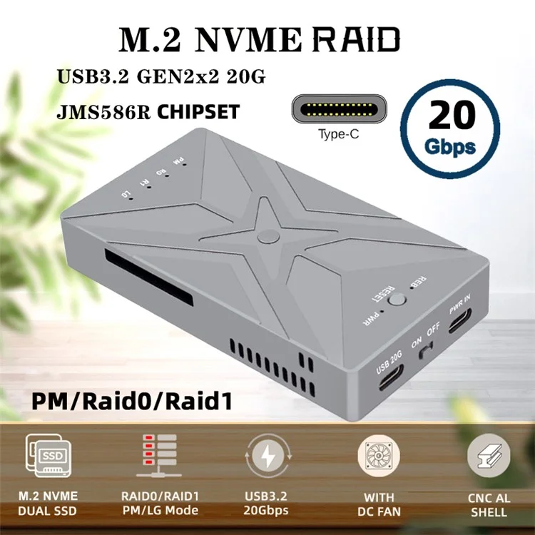 UC-031 Dual NVME M.2 NGFF M-Key a USB-C Type-C Raid0 Raid1 JOBD Big Enclosure 20Gbps con Ventilador Raid0 Hyper Adapter