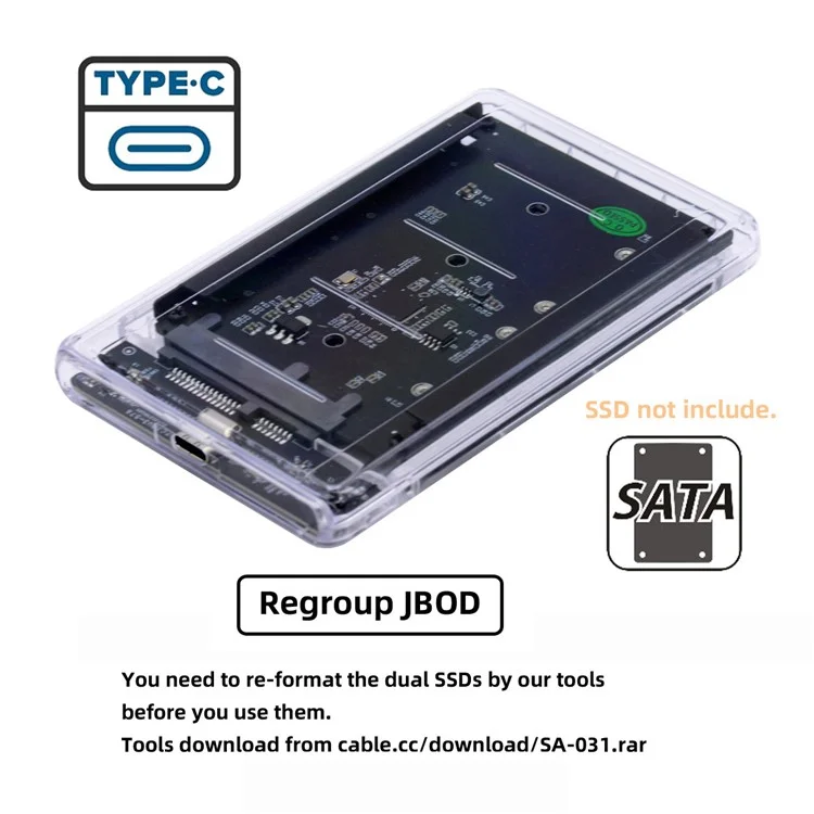 SA-031+UC-079 Dual NGFF B+M-Key M.2 SSD Card JOBD Raid0 Span Bridge to USB3.0 Type-C USB-C 2.5inch SATA Combo Enclosure