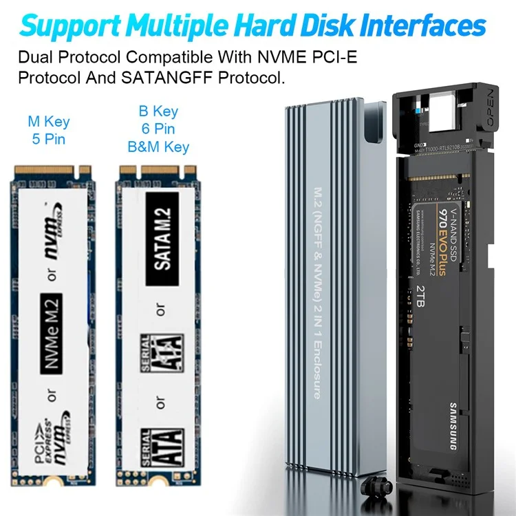 HY2171 SATA M.2 NGFF Nvme 2-in-1-Gehäuse 10Gbps Solid State Festplatte