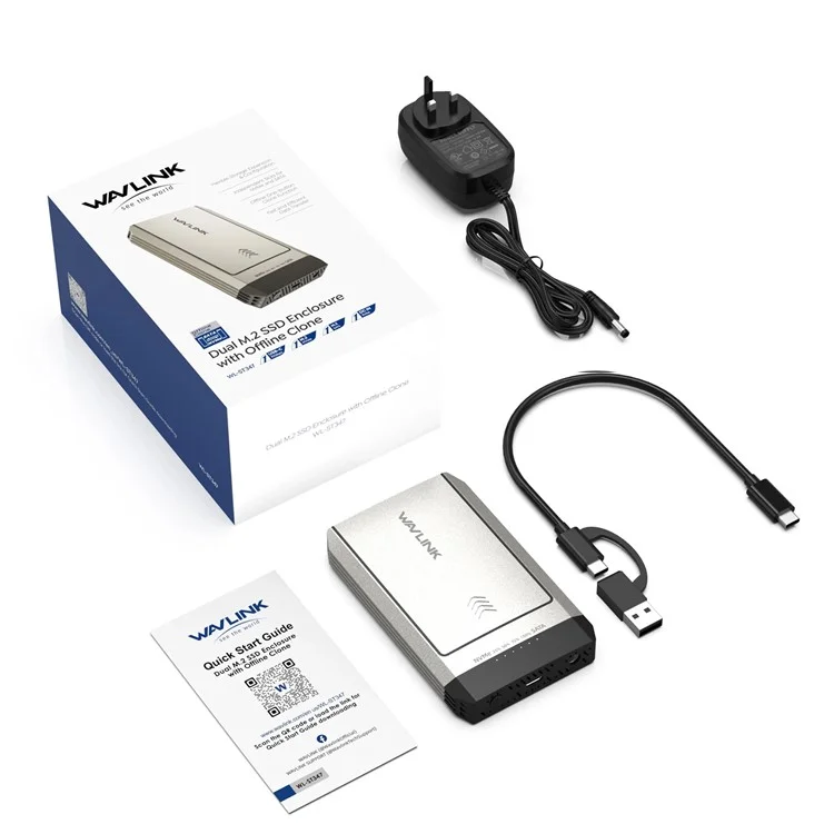 WAVLINK ST347 Dual Slot M.2 SSD Enclosure USB-C 3.2 Gen2 10Gbps One-Click Offline Clone For Data Migration  /  Backup - UK Plug