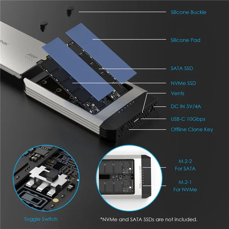 WAVLINK ST347 Dual Slot M.2 SSD Enclosure USB-C 3.2 Gen2 10Gbps One-Click Offline Clone For Data Migration  /  Backup - UK Plug