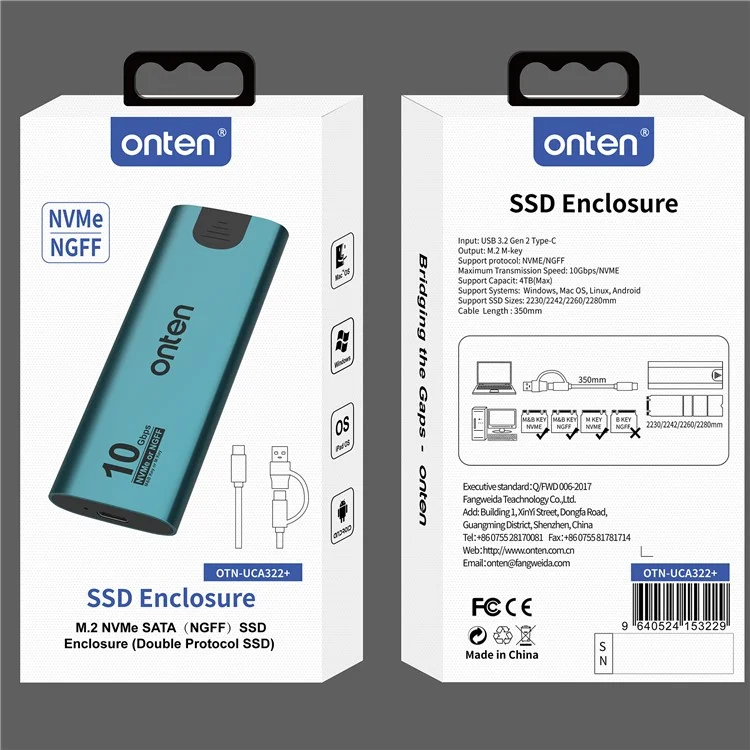 ONTEN UCA322+ Carcasa USB 3.2 Gen 2 Tipo C de 10 Gbps para SSD M.2 Nvme NGFF compatible con Windows, Mac, Linux y Android