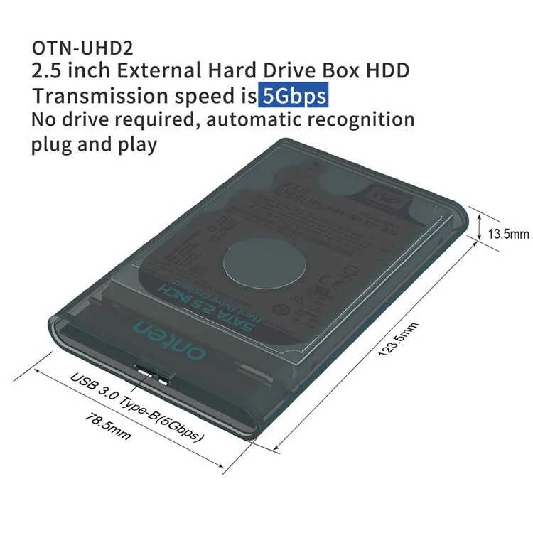ONTEN UHD2 Внешний корпус для жесткого диска 2,5 дюйма, подключи и используй, USB 3.0, скорость передачи до 5 Гбит/с