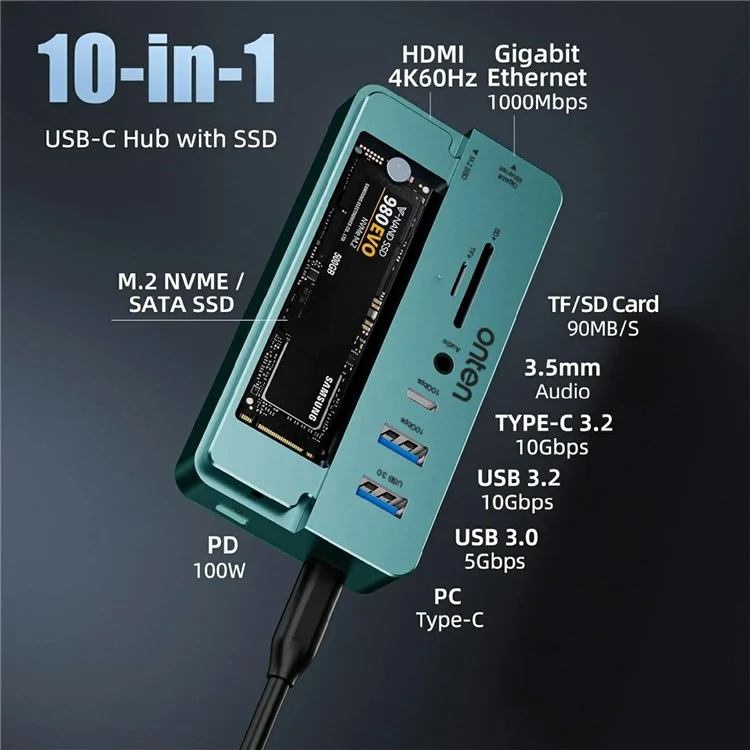 ONTEN OTN-UC966 10 in 1 USB-C Hub M.2 SSD Enclosure 10Gbps High-Speed Data Transfer Docking Station