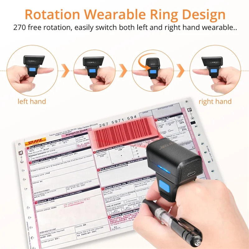 HC-Z01D Mini Bluetooth-kompatibler Finger-Ring-Barcode-Scanner Kabellos 2D QR-Code-Lesegerät