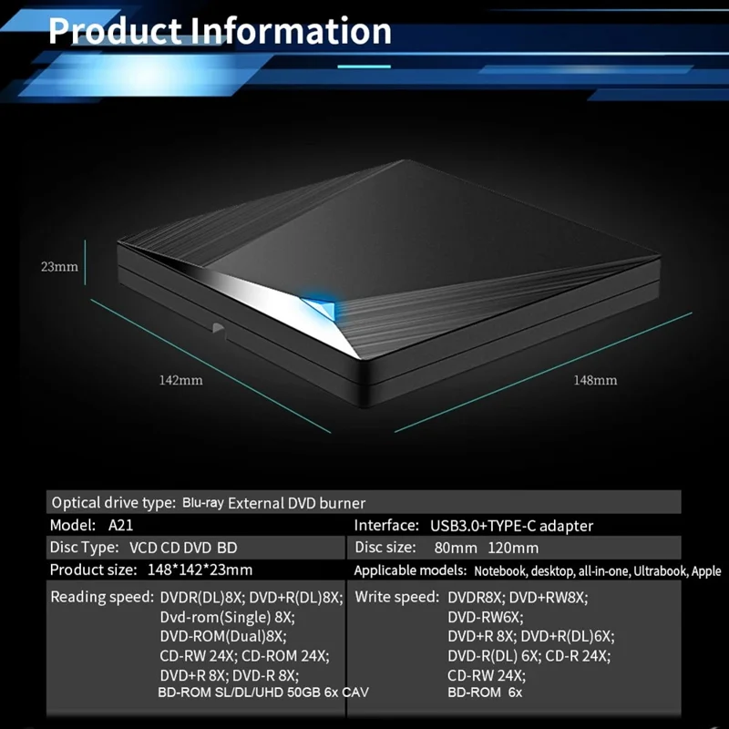 21-Y 12.7MM USB 3.0 / Type-C External Blu-ray Drive CD DVD Burner Player for PC / Laptops Support Windows XP / 7 / 8 / 10 MacOS