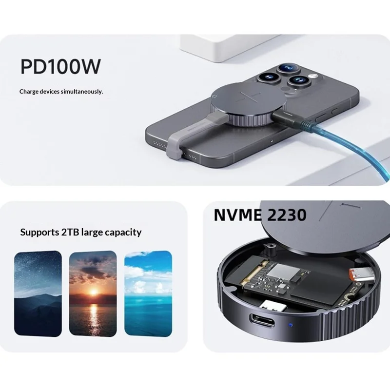 Magnetic NVMe SSD Enclosure with PD Charging, Type-C 3.2 Solid State Drive Case for 2230  /  2242 SSD - Grey