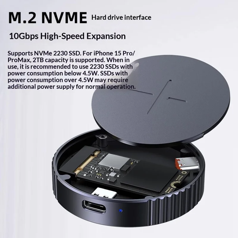 Magnetic NVMe SSD Enclosure with PD Charging, Type-C 3.2 Solid State Drive Case for 2230  /  2242 SSD - Grey