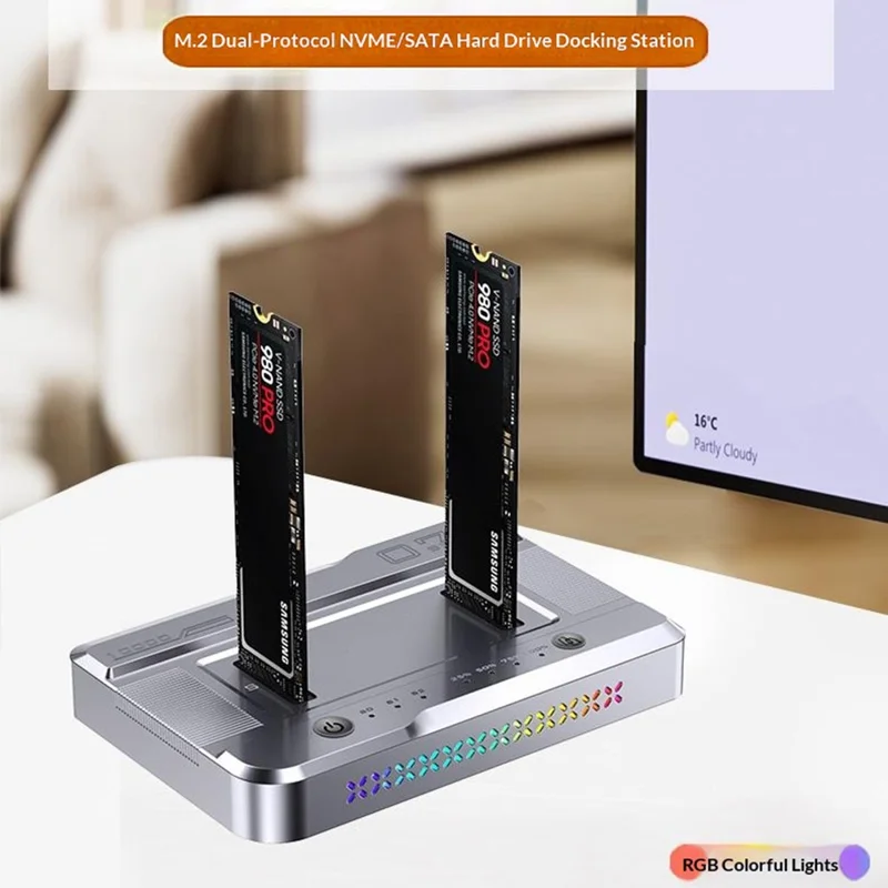 Dual Bay M.2 NVMe / SATA SSD Cloning Dock, Offline One-Key Copy, 5Gbps USB-C 3.2 Hard Drive Enclosure, SATA-to-SATA Clone - Silver