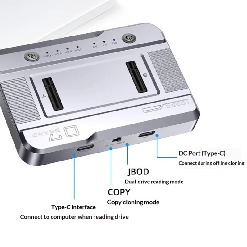 Dual Bay M.2 NVMe / SATA SSD Cloning Dock, Offline One-Key Copy, 5Gbps USB-C 3.2 Hard Drive Enclosure, SATA-to-SATA Clone - Silver