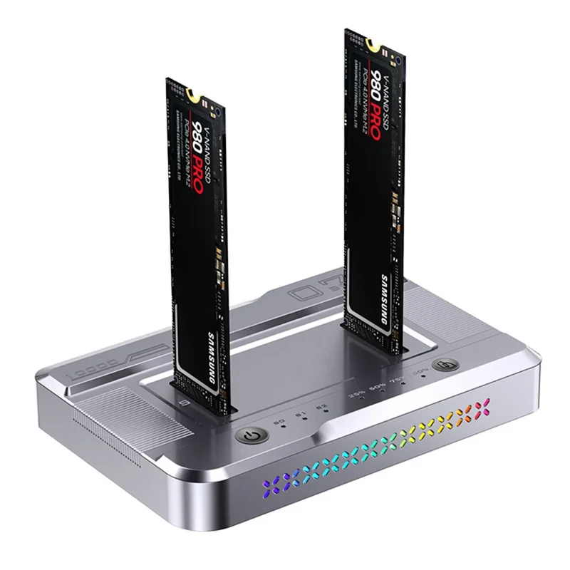 Dual Bay M.2 SSD Cloning Dock, 10Gbps NVMe to NVMe Offline Clone, One-Key Copy Type-C 3.2 Enclosure, Dual Drive Read - Silver