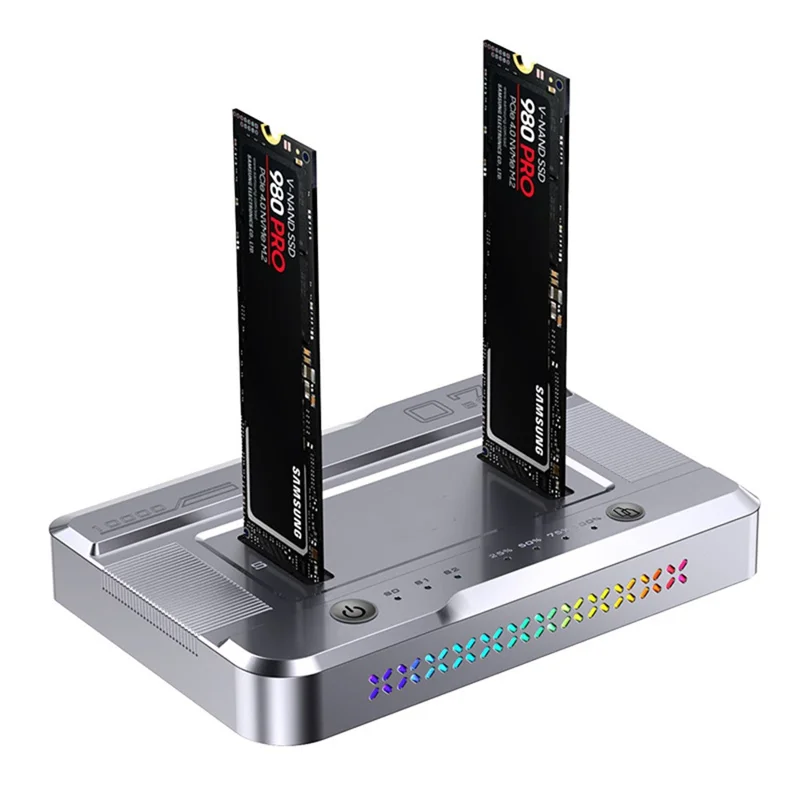 Dual Bay M.2 SSD Cloning Dock, 20Gbps NVMe to NVMe Offline Clone, One-Key Copy Type-C 3.2 Enclosure, Dual Drive Read - Silver