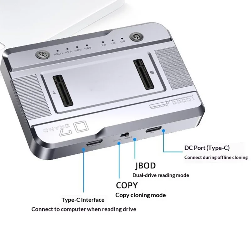 Dual Bay M.2 SSD Cloning Dock, 20Gbps NVMe to NVMe Offline Clone, One-Key Copy Type-C 3.2 Enclosure, Dual Drive Read - Silver