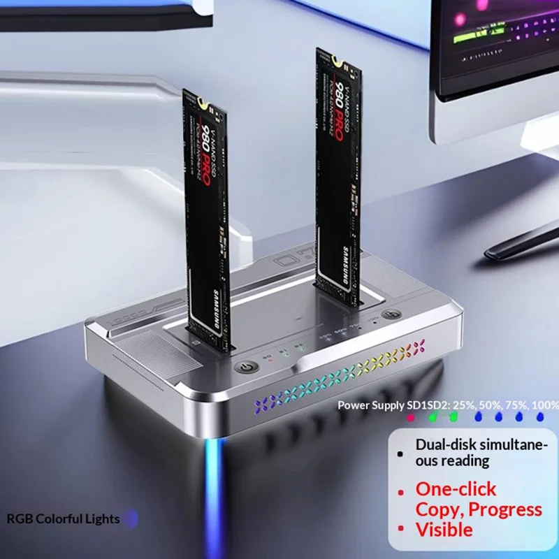 Dual Bay M.2 SSD Cloning Dock, 20Gbps NVMe to NVMe Offline Clone, One-Key Copy Type-C 3.2 Enclosure, Dual Drive Read - Silver