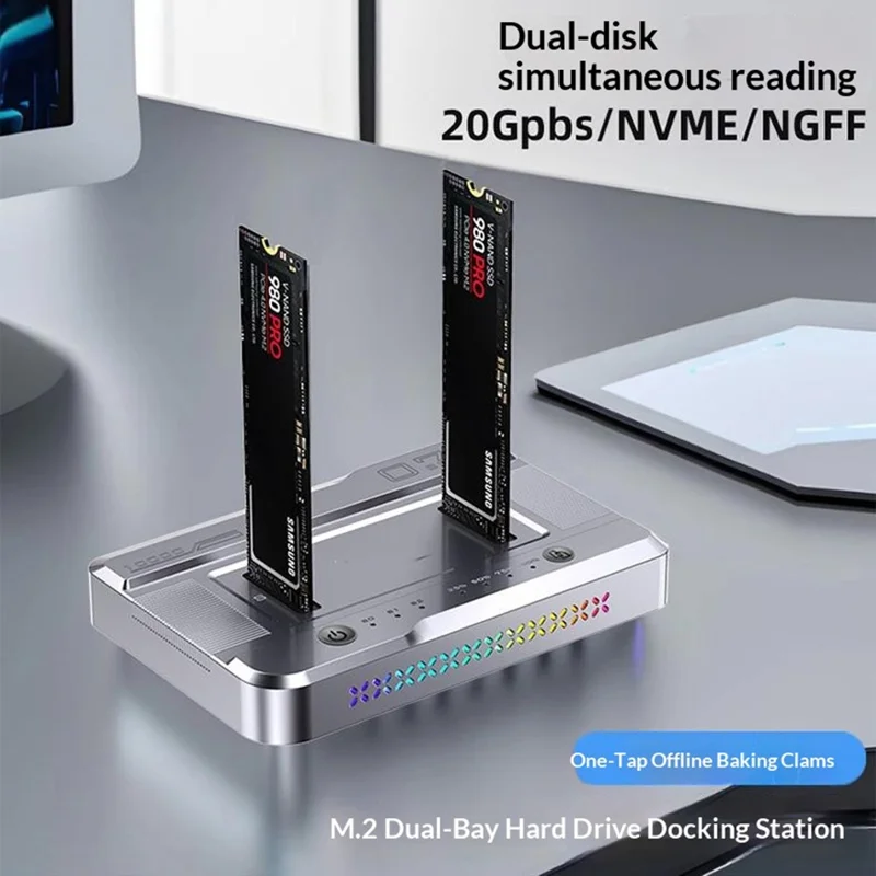 Dual Bay M.2 SSD Cloning Dock, 20Gbps NVMe to NVMe Offline Clone, One-Key Copy Type-C 3.2 Enclosure, Dual Drive Read - Silver