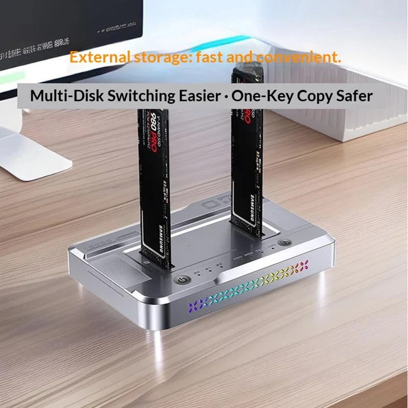 Dual Bay M.2 SSD Cloning Dock, 20Gbps NVMe to NVMe Offline Clone, One-Key Copy Type-C 3.2 Enclosure, Dual Drive Read - Silver