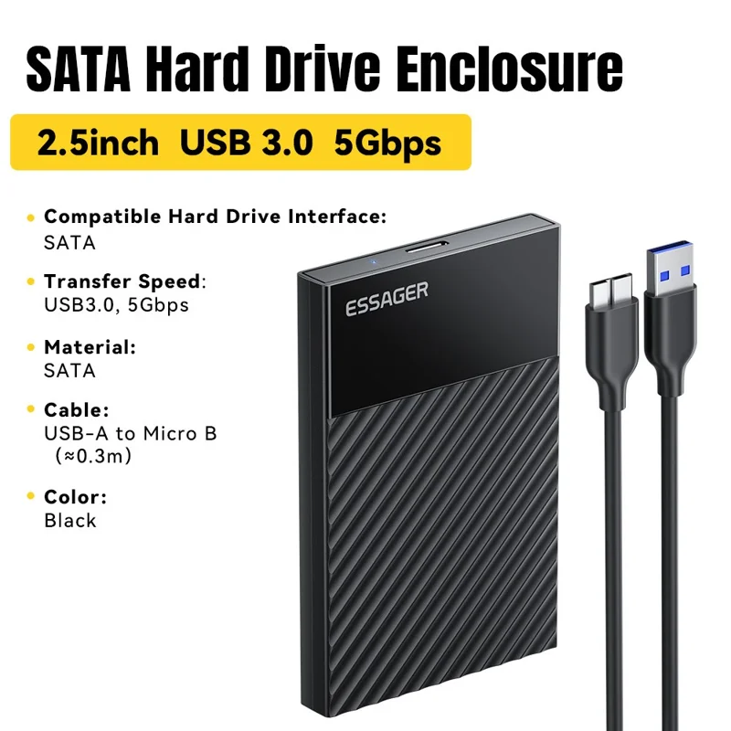 ESSAGER 2.5 Inch SATA 3.0 Hard Drive Enclosure USB 3.0 5Gbps UASP TRIM Hard Disk Case for HDD SSD