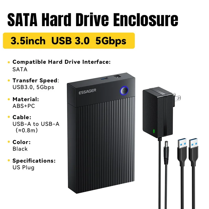 ESSAGER 3.5 Inch SATA 3.0 HDD SSD Enclosure 5Gbps USB 3.0 External Hard Drive Case - US Plug