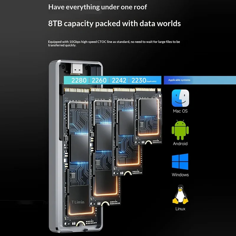 THERMALRIGHT HR-EB109 AC M.2 NVMe SSD-enclosure med USB-A til USB-C kabel USB 3.2 Gen2 10 Gbps Type-C kabel, ydre harddiskkabinet i aluminiumslegering med CNC-bearbejdning – Grå