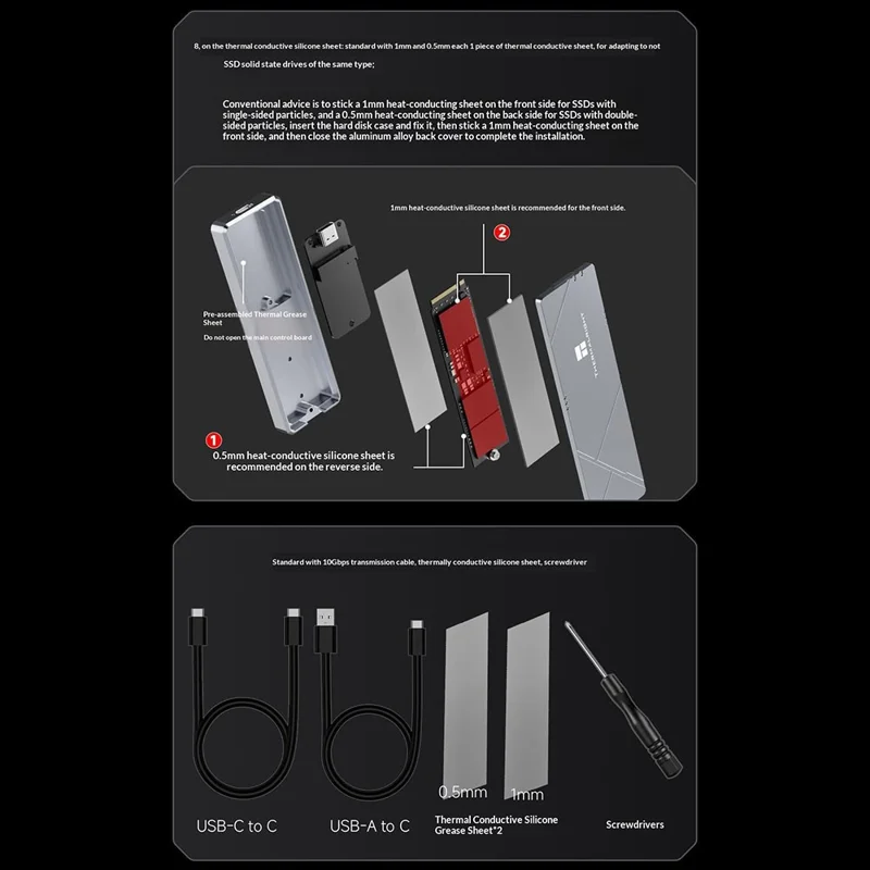 THERMALRIGHT HR-EB109 AC M.2 NVMe SSD-enclosure med USB-A til USB-C kabel USB 3.2 Gen2 10 Gbps Type-C kabel, ydre harddiskkabinet i aluminiumslegering med CNC-bearbejdning – Grå