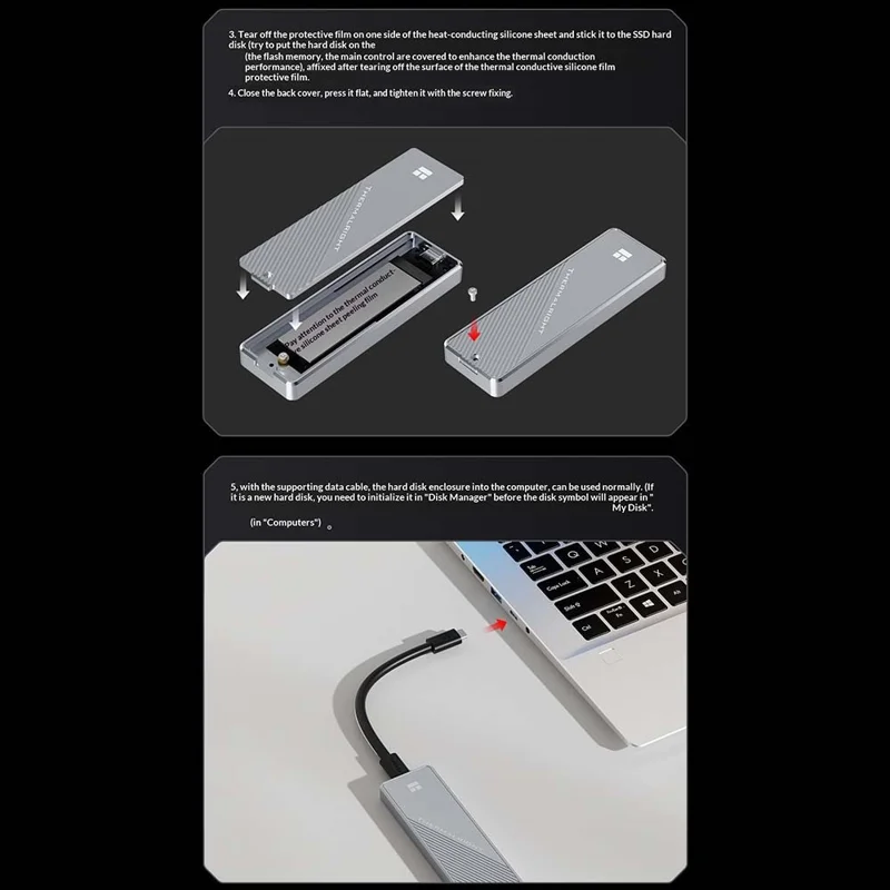 THERMALRIGHT HR-EB105 AC Obudowa M.2 NVMe SSD z kablem USB-A do USB-C, aluminiowa obudowa zewnętrzna USB3.2 Gen2 Typ-C, 10 Gbps, obudowa na dysk twardy - Szary