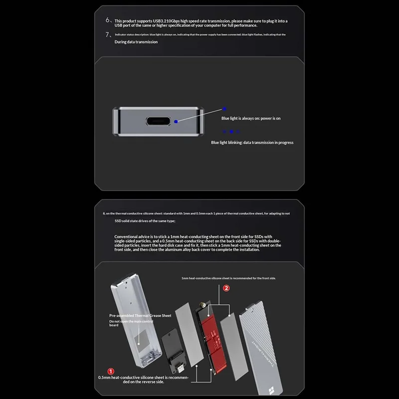 THERMALRIGHT HR-EB105 AC Obudowa M.2 NVMe SSD z kablem USB-A do USB-C, aluminiowa obudowa zewnętrzna USB3.2 Gen2 Typ-C, 10 Gbps, obudowa na dysk twardy - Szary