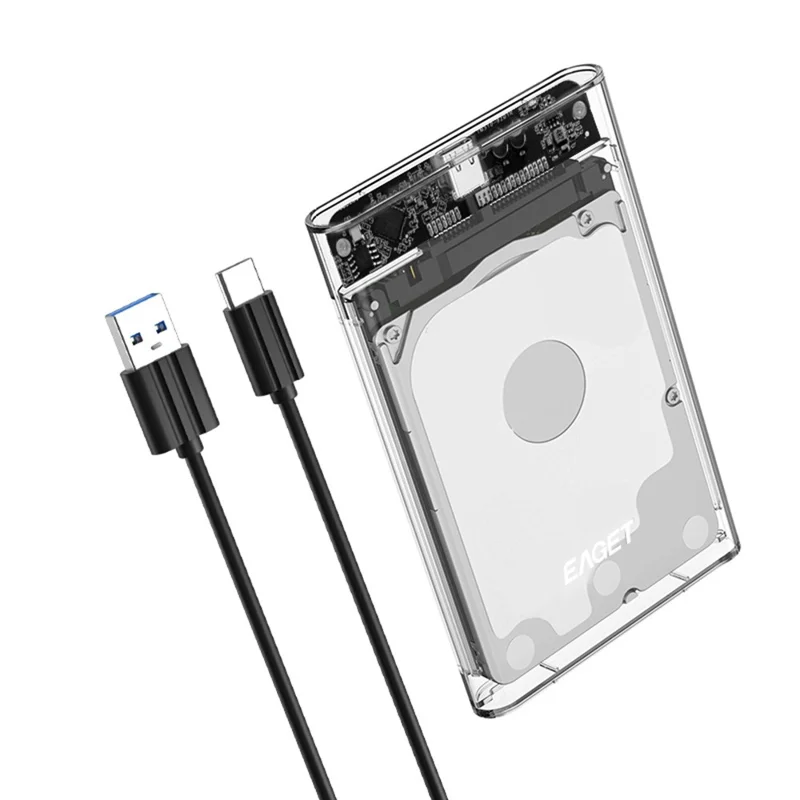 EAGET E11 2.5 Inch SATA External SSD & HDD Enclosure USB-C 3.1 Tool-Free Clear Hard Drive Case - Black