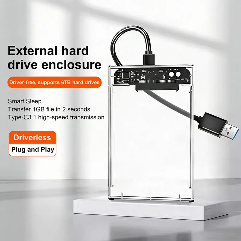 EAGET E11 2.5 Inch SATA External SSD & HDD Enclosure USB-C 3.1 Tool-Free Clear Hard Drive Case - Black