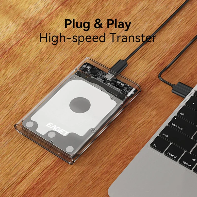 EAGET E11 2.5 Inch SATA External SSD & HDD Enclosure USB-C 3.1 Tool-Free Clear Hard Drive Case - Black