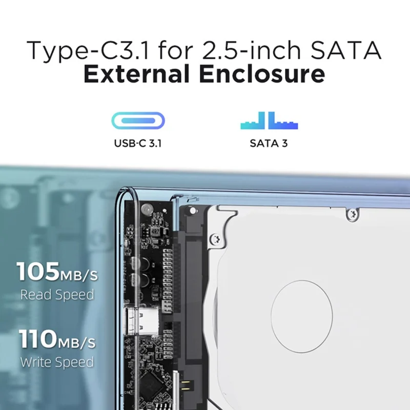 EAGET E11 2.5 Inch SATA External SSD & HDD Enclosure USB-C 3.1 Tool-Free Clear Hard Drive Case - Black