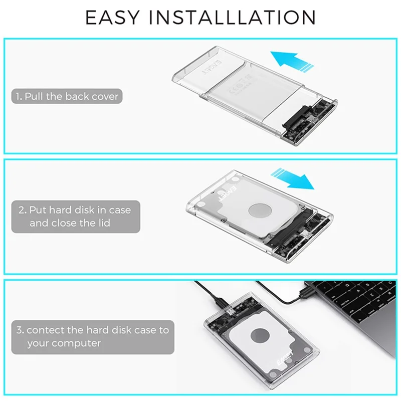 EAGET E11 2.5 Inch SATA External SSD & HDD Enclosure USB-C 3.1 Tool-Free Clear Hard Drive Case - Black