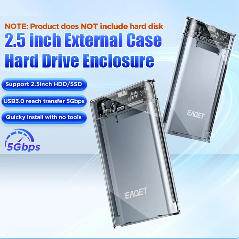 EAGET E15 2,5-calowa obudowa zewnętrzna do dysku SSD i HDD SATA z interfejsem USB 3.0, przezroczysta obudowa z tworzywa sztucznego PC – przezroczysta