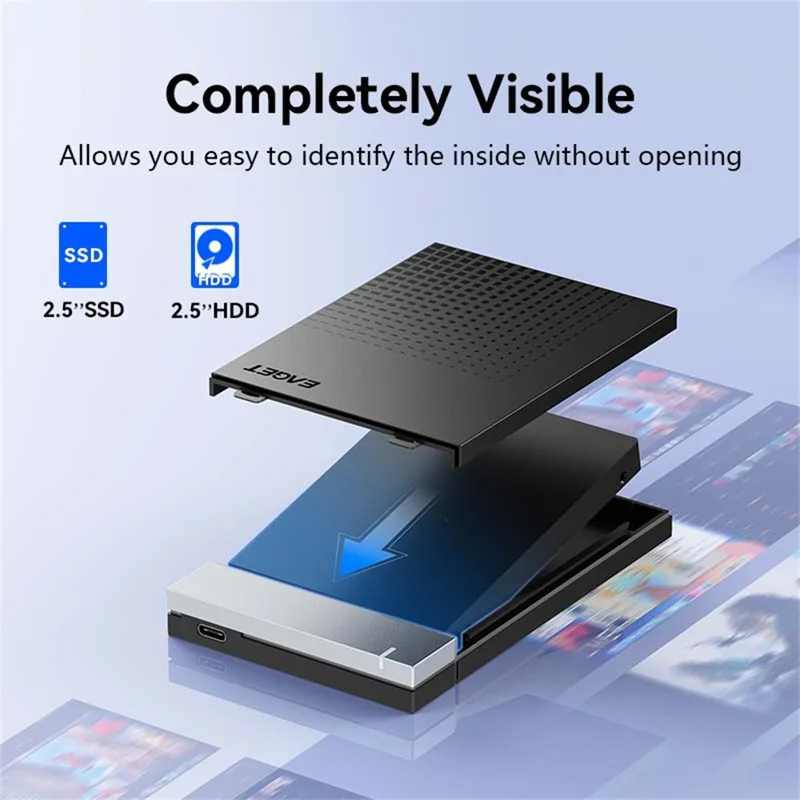 EAGET E51 2.5 Inch External Hard Drive Enclosure Type-C to USB-A Cable Tool-Free 5Gbps SSD & HDD Hard Drive Case - Black