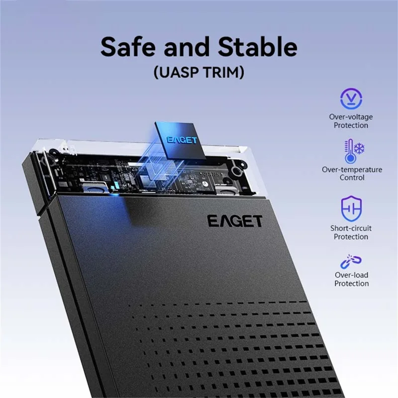 EAGET E51 2.5 Inch External Hard Drive Enclosure Type-C to USB-A Cable Tool-Free 5Gbps SSD & HDD Hard Drive Case - Black