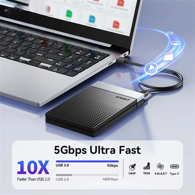 EAGET E51 2.5 Inch External Hard Drive Enclosure Type-C to USB-A Cable Tool-Free 5Gbps SSD & HDD Hard Drive Case - Black