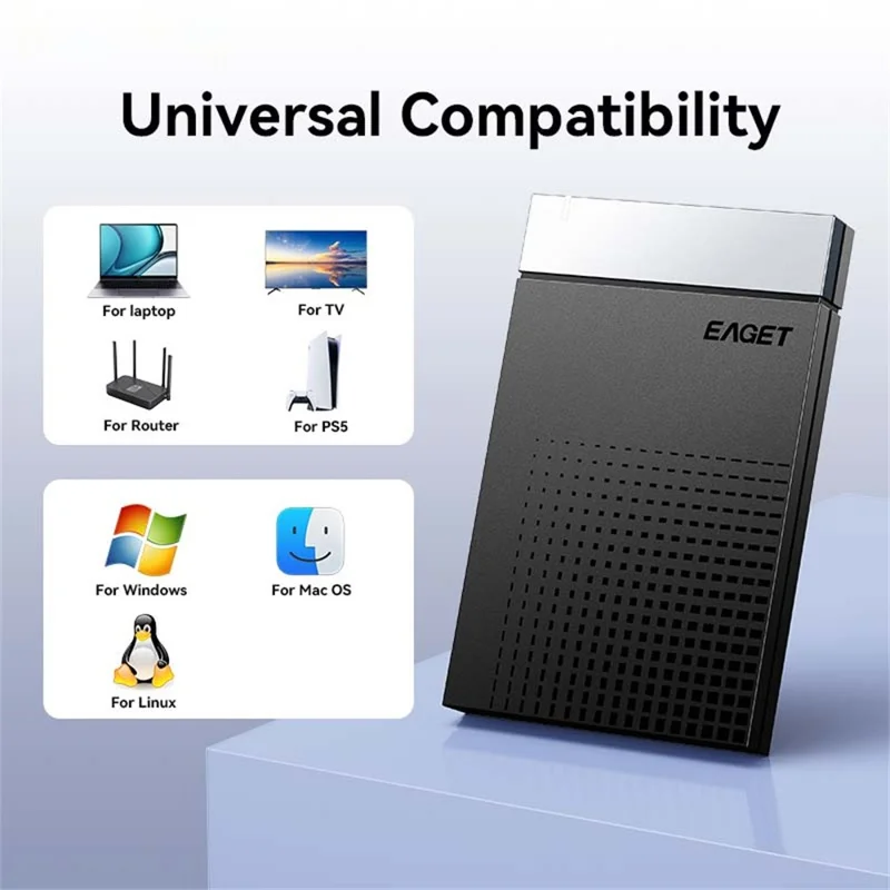 EAGET E51 2.5 Inch External Hard Drive Enclosure Type-C to USB-A Cable Tool-Free 5Gbps SSD & HDD Hard Drive Case - Black