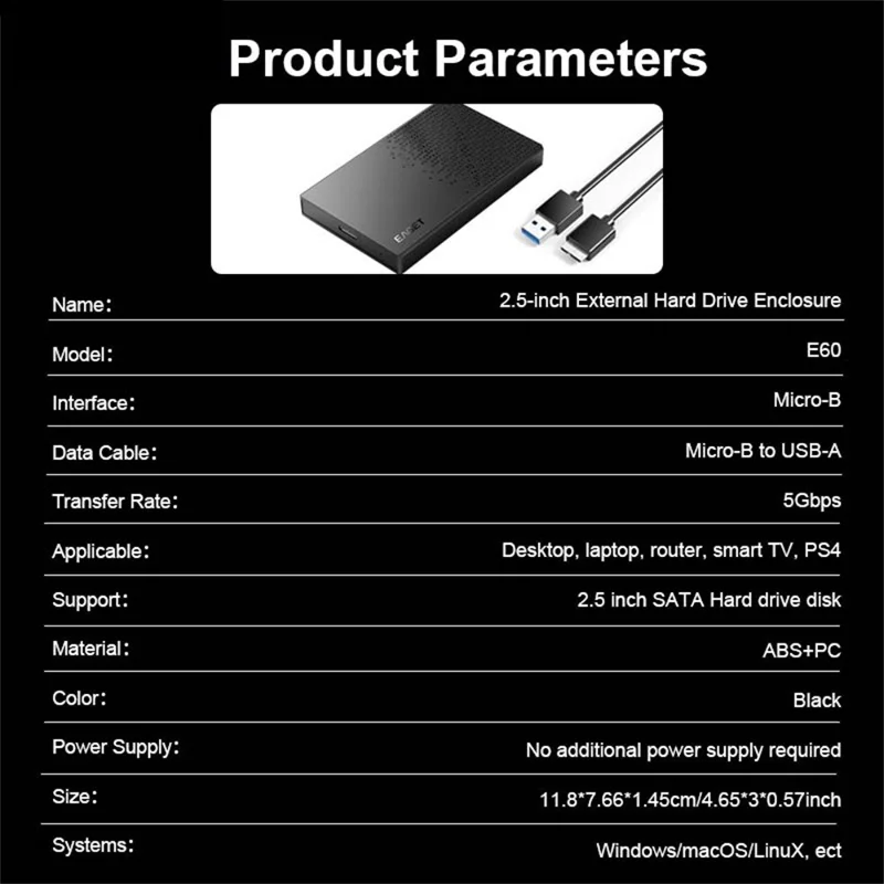 EAGET E60 2.5 Inch External Hard Drive Enclosure 6TB Micro-B to USB-A Cable 5Gbps Portable Hard Drive Case for SSD HDD - Black