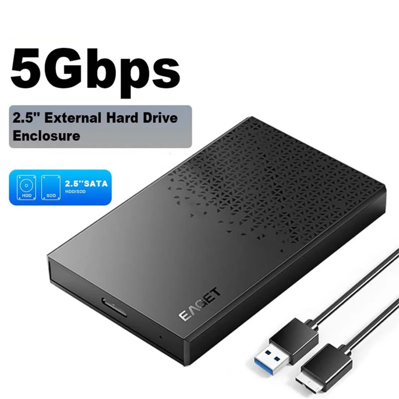 EAGET E60 2.5 Inch External Hard Drive Enclosure 6TB Micro-B to USB-A Cable 5Gbps Portable Hard Drive Case for SSD HDD - Black