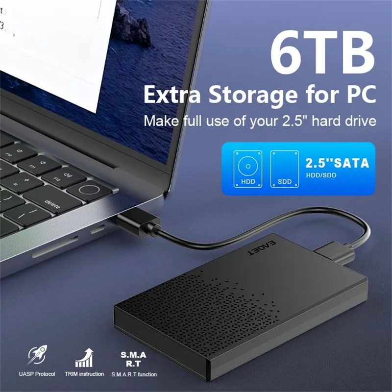 EAGET E60 2.5 Inch External Hard Drive Enclosure 6TB Micro-B to USB-A Cable 5Gbps Portable Hard Drive Case for SSD HDD - Black