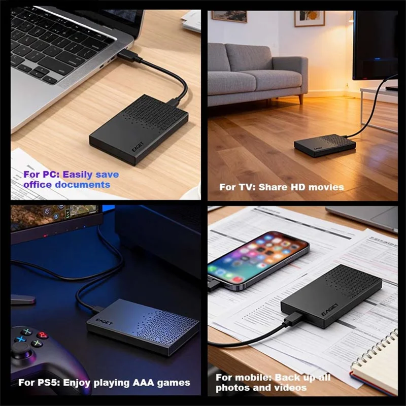 EAGET E60 2.5 Inch External Hard Drive Enclosure 6TB Micro-B to USB-A Cable 5Gbps Portable Hard Drive Case for SSD HDD - Black