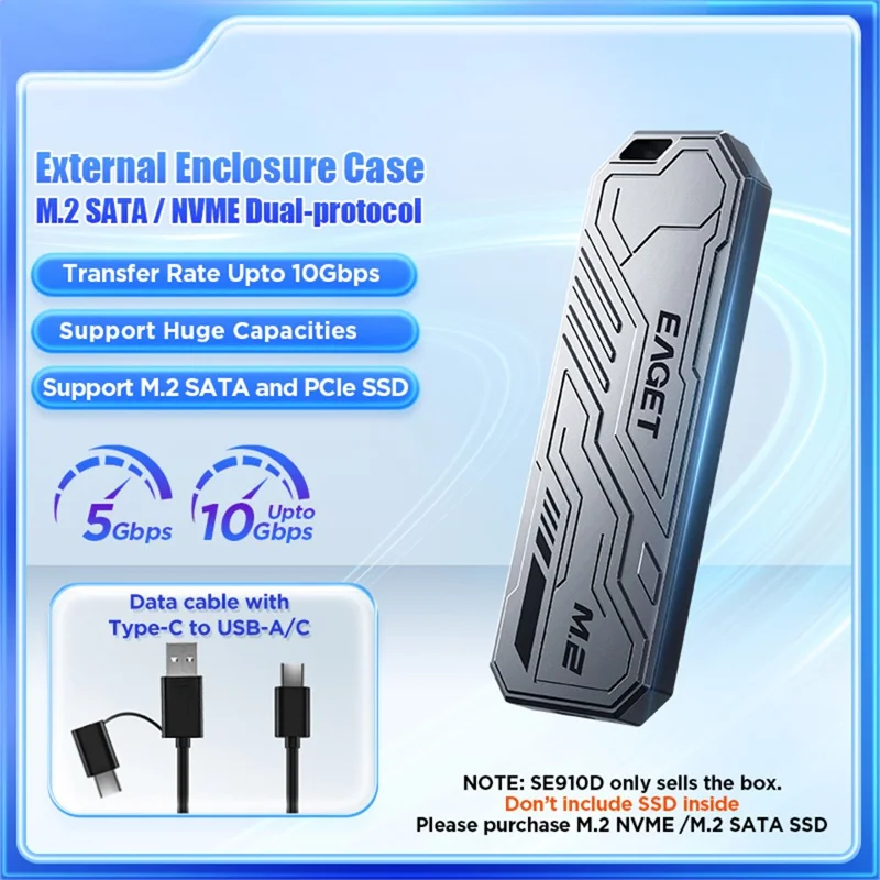 EAGET SE910D M.2 NVMe SATA External Enclosure USB3.2 10Gbps Aluminum Alloy SSD Hard Drive Case for 2230  /  2242  /  2280 - Grey