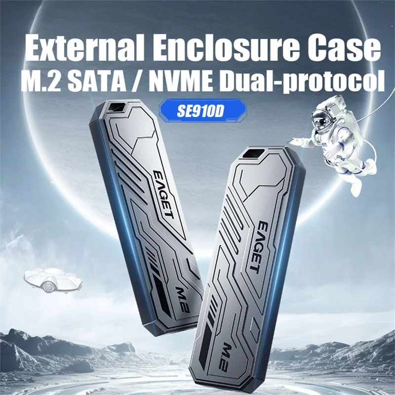 EAGET SE910D M.2 NVMe SATA External Enclosure USB3.2 10Gbps Aluminum Alloy SSD Hard Drive Case for 2230  /  2242  /  2280 - Grey