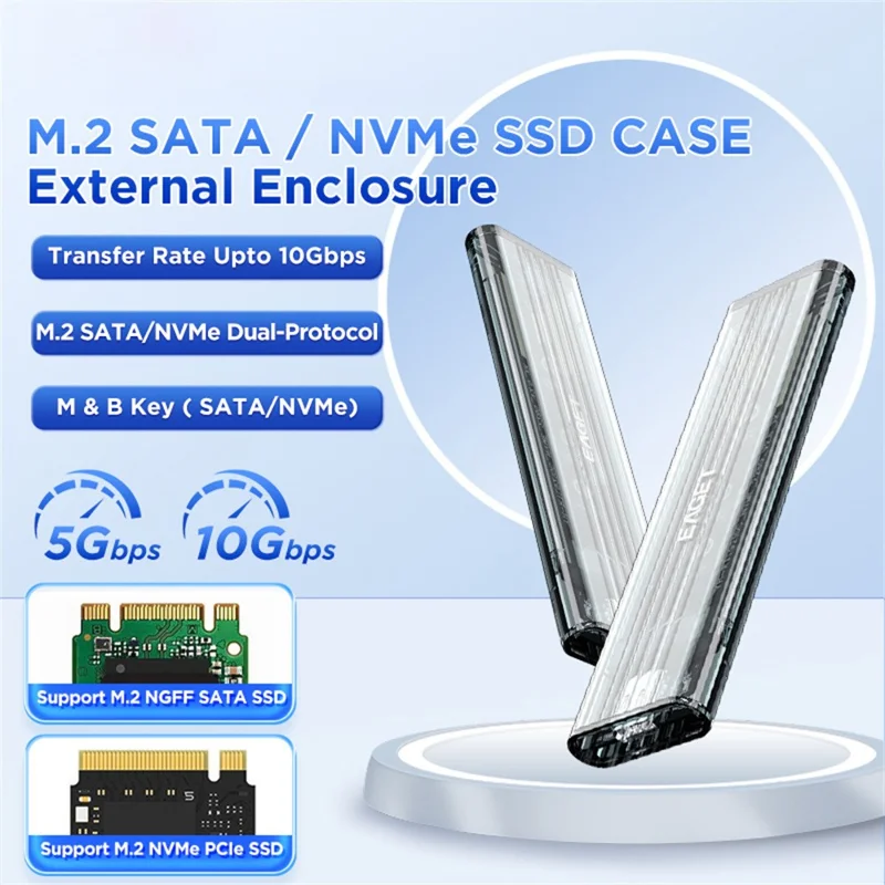 EAGET SE150D M.2 NVMe SATA Enclosure 10Gbps Type-C 3.2 Tool-free Installation Transparent External SSD Hard Drive Case