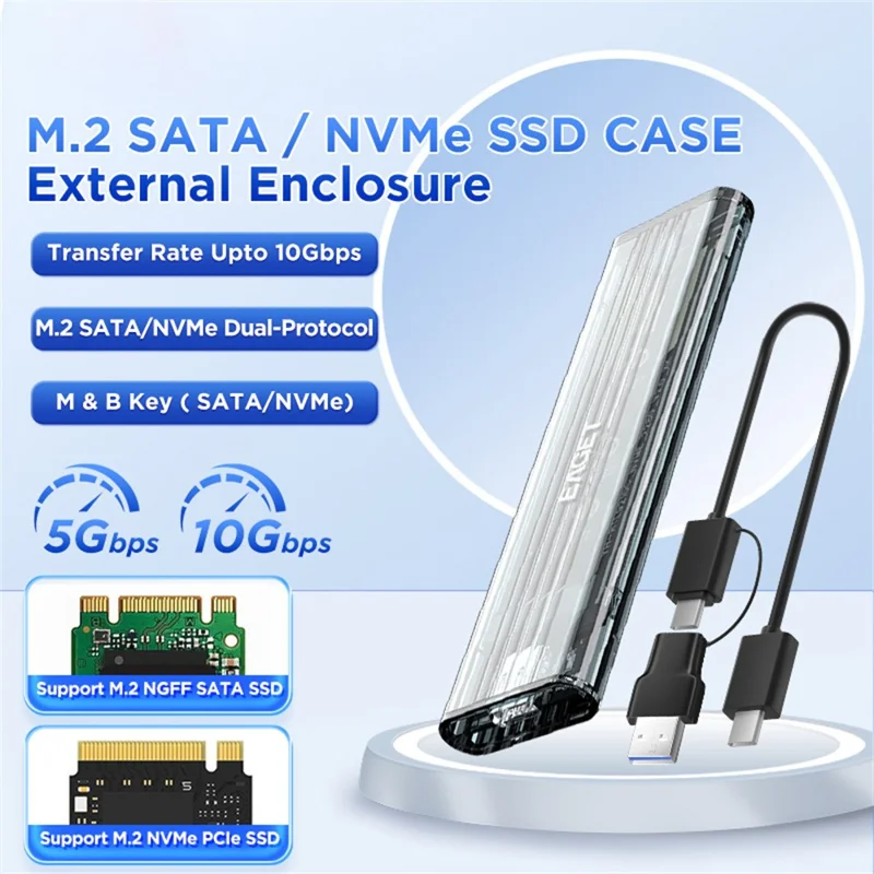 EAGET SE150D M.2 NVMe SATA Enclosure 10Gbps Type-C 3.2 Tool-free Installation Transparent External SSD Hard Drive Case