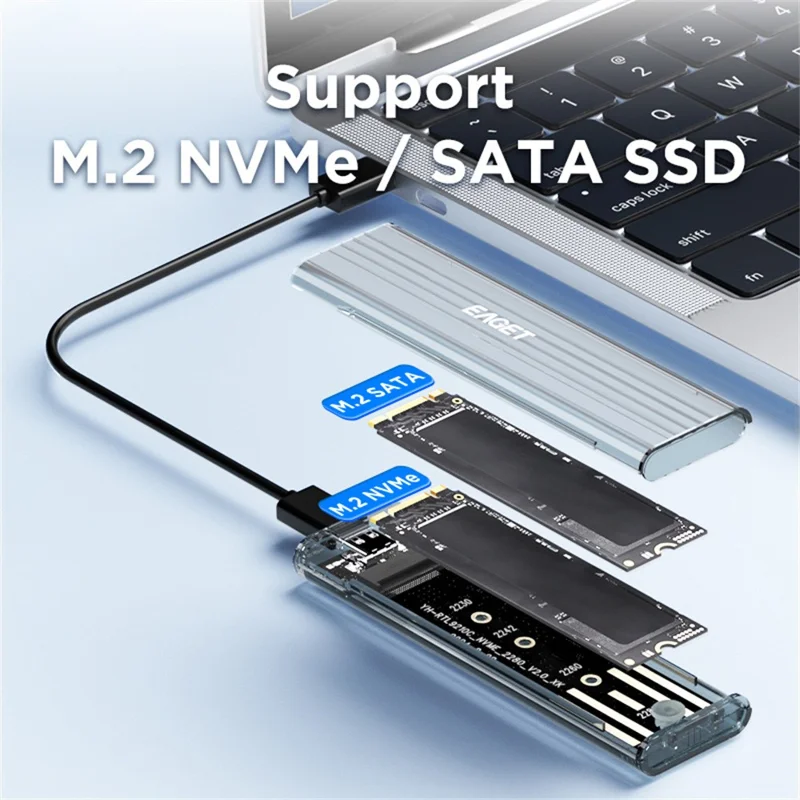 EAGET SE150D M.2 NVMe SATA Enclosure 10Gbps Type-C 3.2 Tool-free Installation Transparent External SSD Hard Drive Case