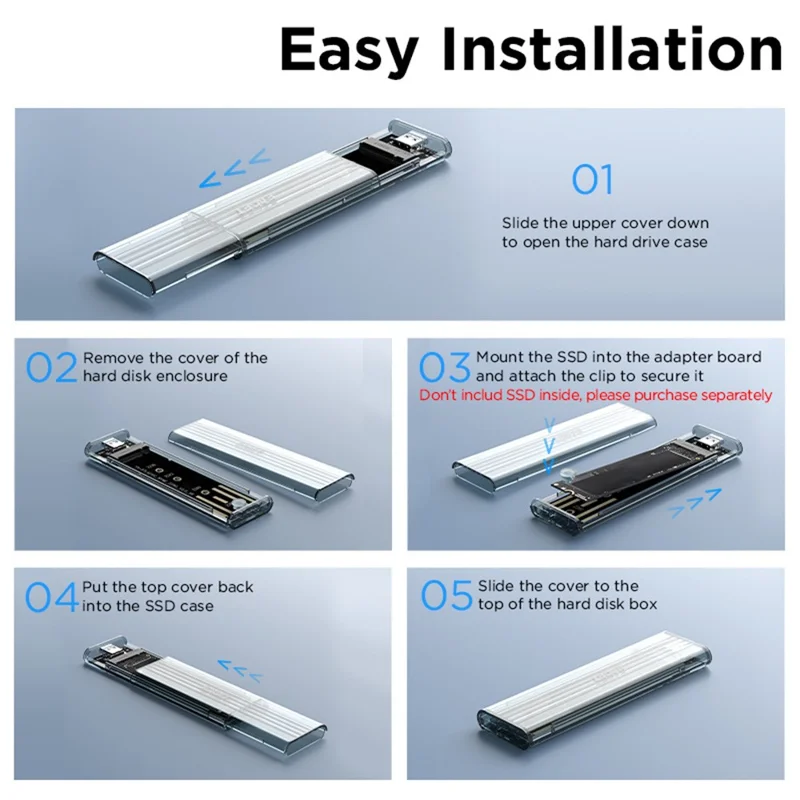 EAGET SE150D M.2 NVMe SATA Enclosure 10Gbps Type-C 3.2 Tool-free Installation Transparent External SSD Hard Drive Case