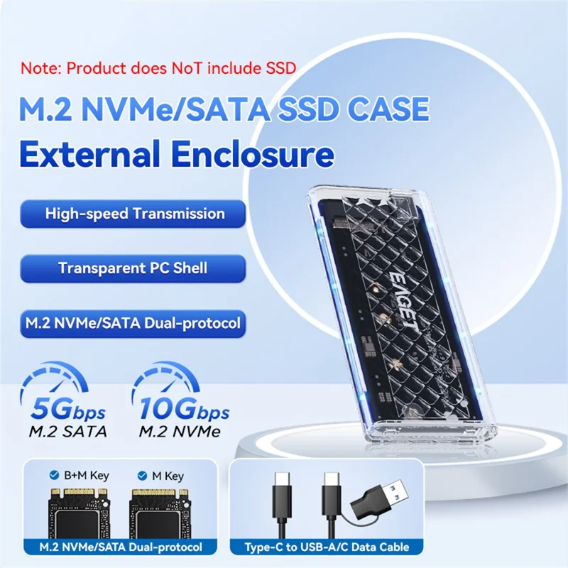 EAGET SE160D M.2 NVME SATA Enclosure Transparent USB 3.2 10Gbps Dual Protocol SSD Hard Drive Case for 2230  /  2242  /  2260  /  2280