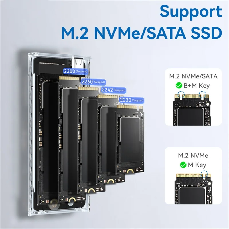 EAGET SE160D M.2 NVME SATA Enclosure Transparent USB 3.2 10Gbps Dual Protocol SSD Hard Drive Case for 2230  /  2242  /  2260  /  2280